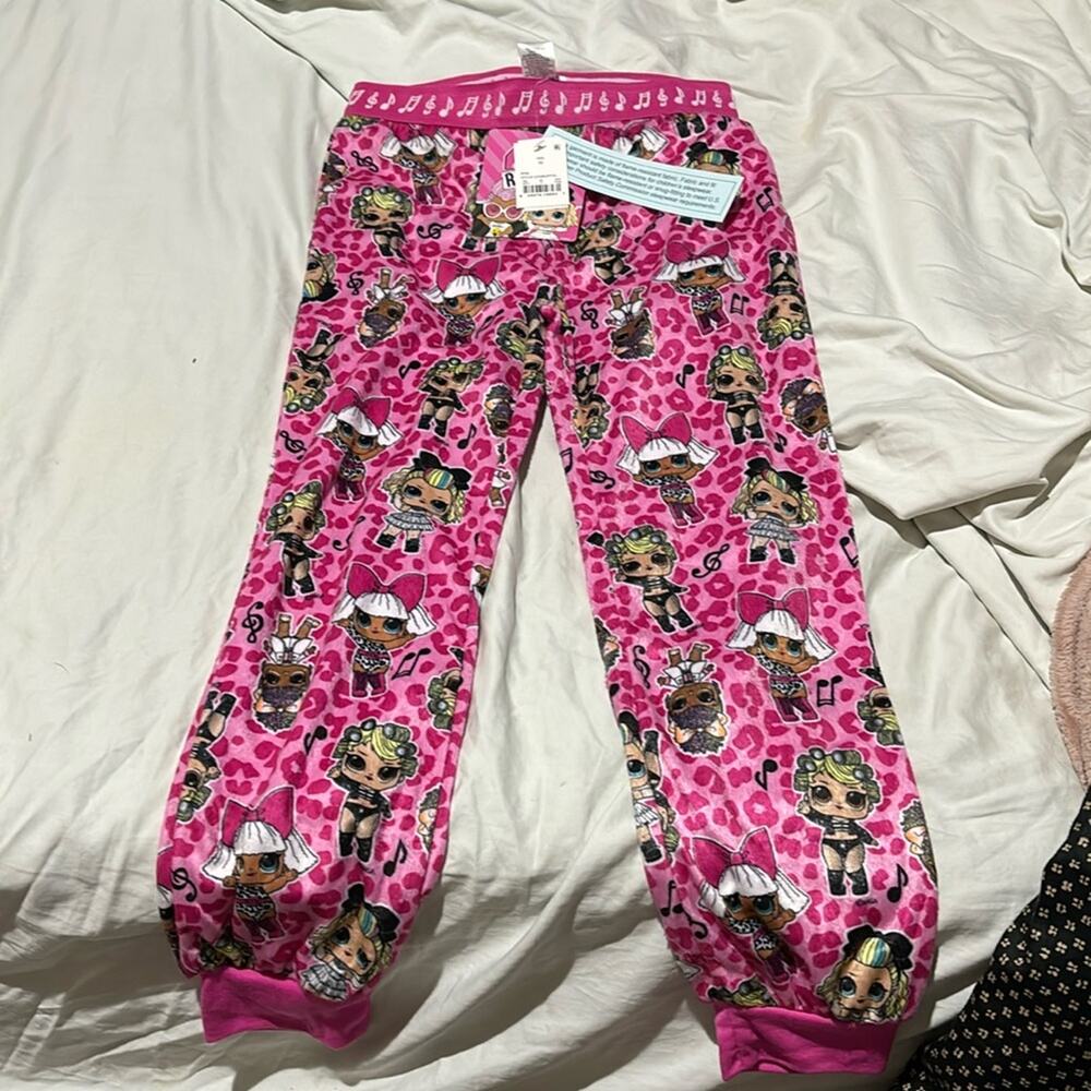 LOL remix M pajama bottom pants elastic waist flame retardant hot pink NWT